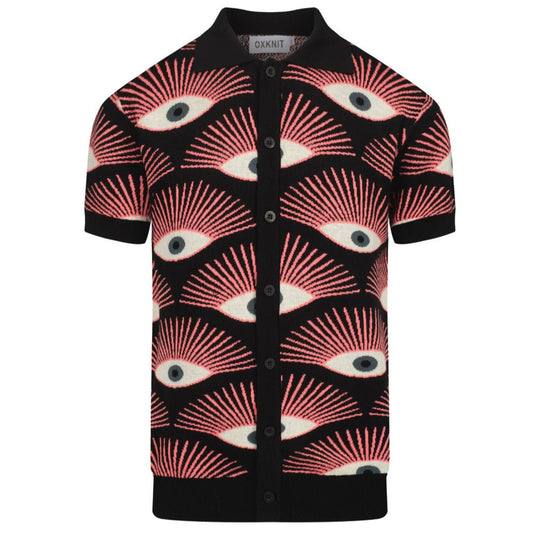 Chemise Tricotée Psychedelique pour Hommes – Chemise Noire à Boutons avec Imprimé Graphique Tout-Voyant - conçue par Carrie Cantwell