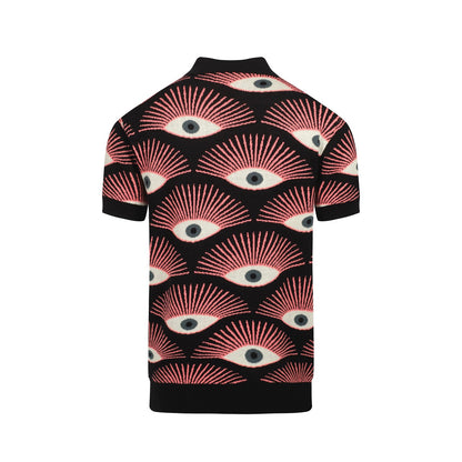 Chemise Tricotée Psychedelique pour Hommes – Chemise Noire à Boutons avec Imprimé Graphique Tout-Voyant - conçue par Carrie Cantwell