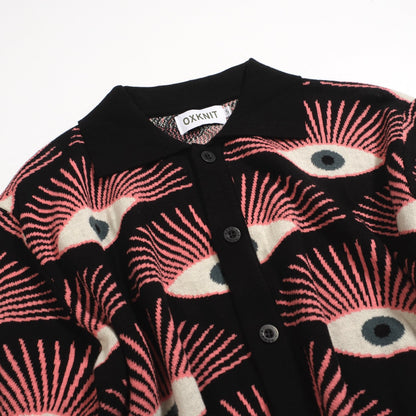 Chemise Tricotée Psychedelique pour Hommes – Chemise Noire à Boutons avec Imprimé Graphique Tout-Voyant - conçue par Carrie Cantwell