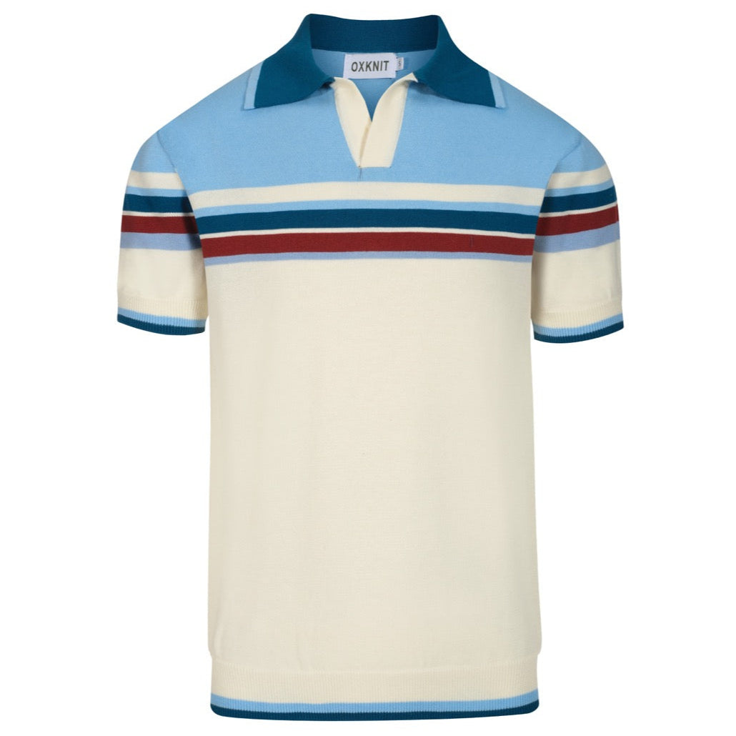 Polo rétro à col en V rayé bleu pour hommes