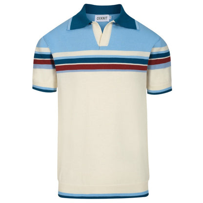 Polo rétro à col en V rayé bleu pour hommes