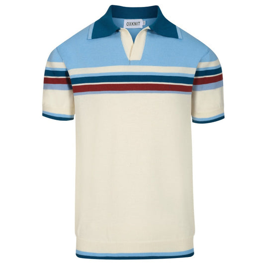 Polo rétro à col en V rayé bleu pour hommes