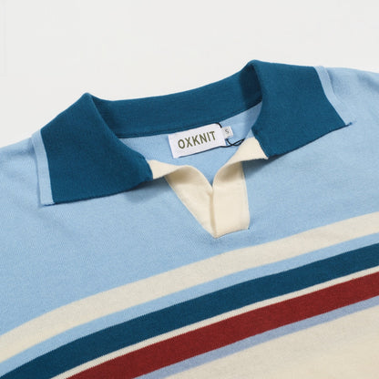 Polo rétro à col en V rayé bleu pour hommes