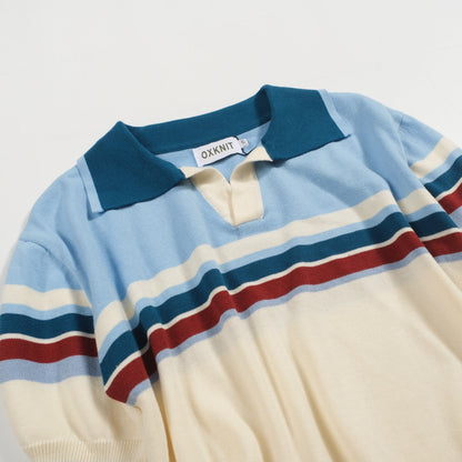 Polo rétro à col en V rayé bleu pour hommes