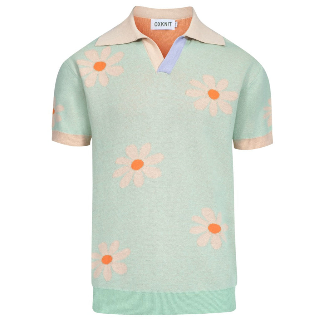 Polo vintage en tricot à col V pour hommes, fleurs vertes