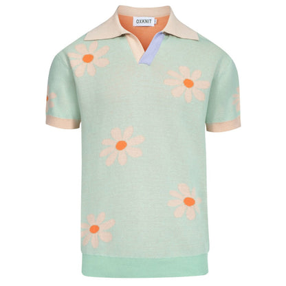 Polo vintage en tricot à col V pour hommes, fleurs vertes