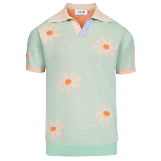 Polo vintage en tricot à col V pour hommes, fleurs vertes