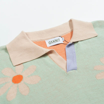 Polo vintage en tricot à col V pour hommes, fleurs vertes