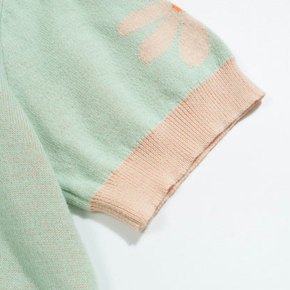 Polo vintage en tricot à col V pour hommes, fleurs vertes