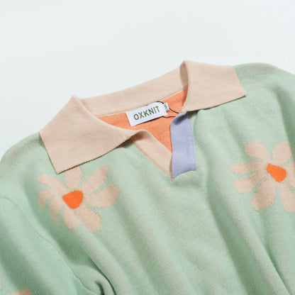 Polo vintage en tricot à col V pour hommes, fleurs vertes