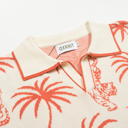 Polo en maille jacquard V en coton blanc pour homme avec motif de palmier et tigre