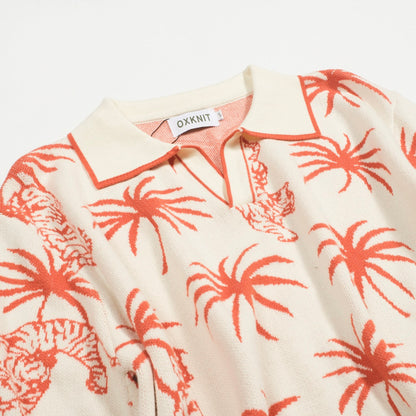 Polo en maille jacquard V en coton blanc pour homme avec motif de palmier et tigre