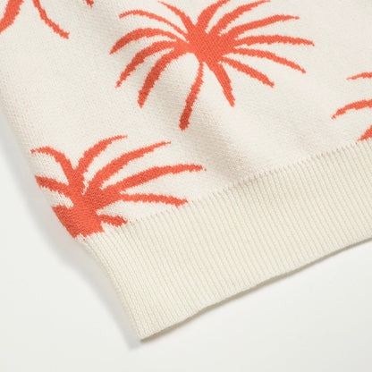 Polo en maille jacquard V en coton blanc pour homme avec motif de palmier et tigre