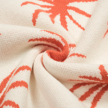 Polo en maille jacquard V en coton blanc pour homme avec motif de palmier et tigre