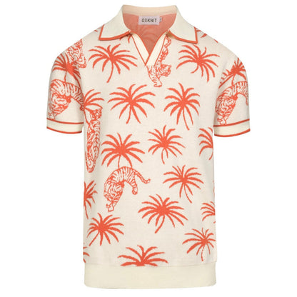 Polo en maille jacquard V en coton blanc pour homme avec motif de palmier et tigre