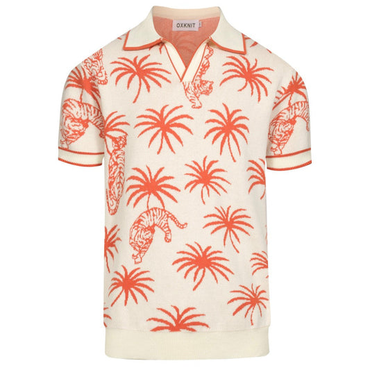 Polo en maille jacquard V en coton blanc pour homme avec motif de palmier et tigre