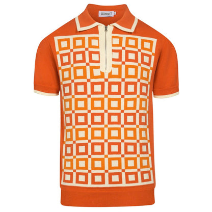 Polo en tricot vintage jacquard orange pour homme