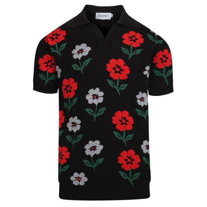 Polo en tricot vintage noir pour hommes à col en V floral