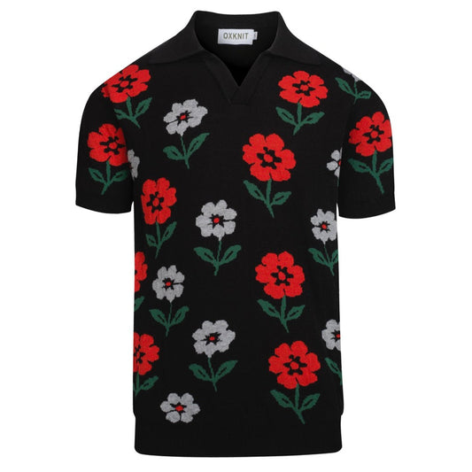 Polo en tricot vintage noir pour hommes à col en V floral