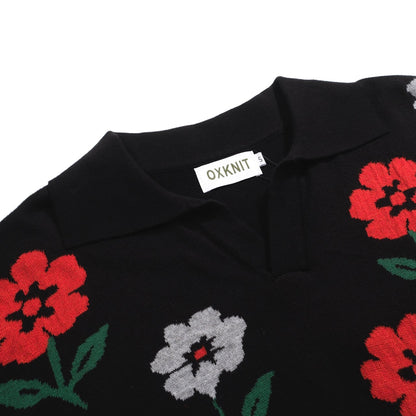Polo en tricot vintage noir pour hommes à col en V floral
