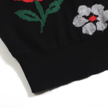 Polo en tricot vintage noir pour hommes à col en V floral