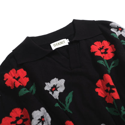 Polo en tricot vintage noir pour hommes à col en V floral