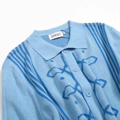 Cardigan tricoté rétro jacquard bleu pour homme