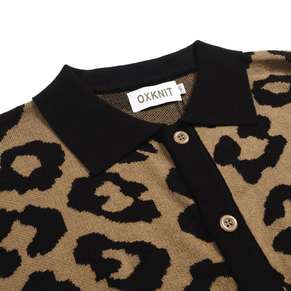 Gilet en jacquard tricoté vintage à imprimé léopard marron pour hommes