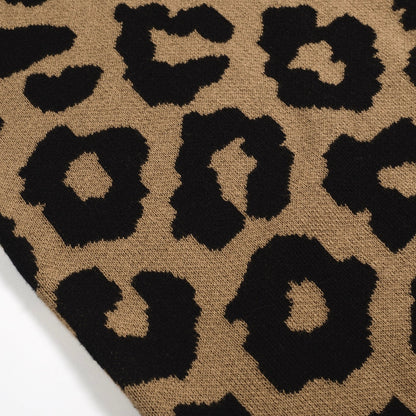 Gilet en jacquard tricoté vintage à imprimé léopard marron pour hommes