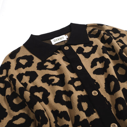 Gilet en jacquard tricoté vintage à imprimé léopard marron pour hommes