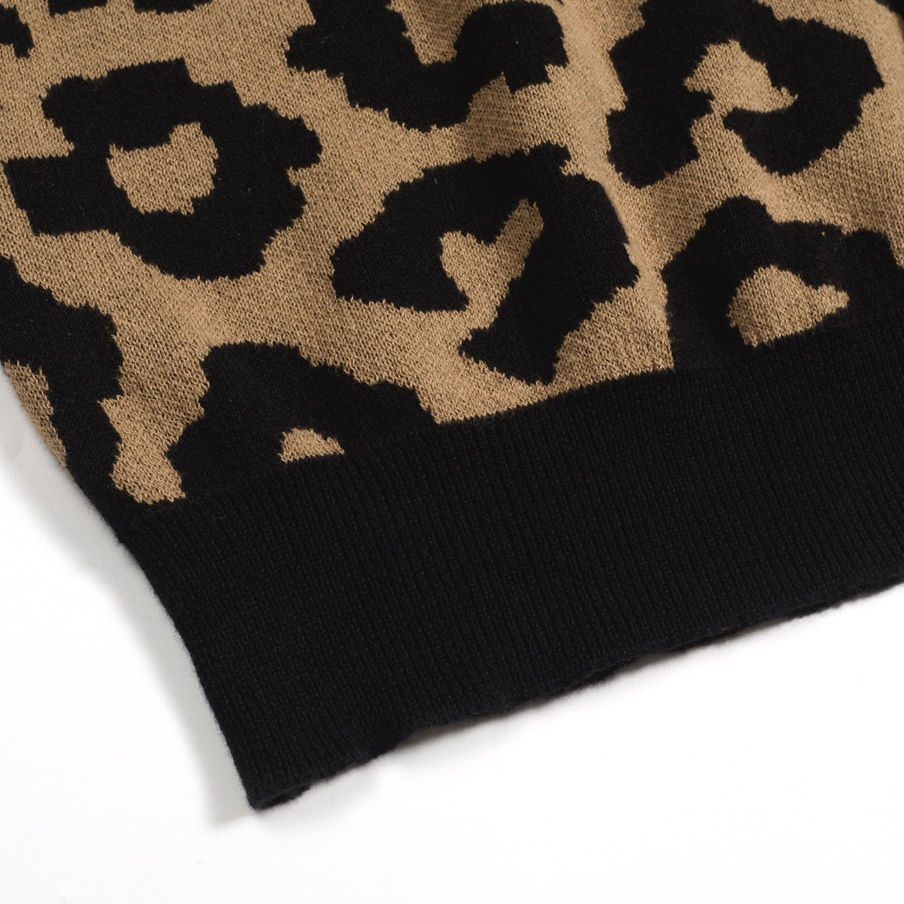 Gilet en jacquard tricoté vintage à imprimé léopard marron pour hommes