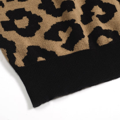 Gilet en jacquard tricoté vintage à imprimé léopard marron pour hommes