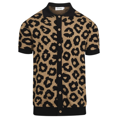 Gilet en jacquard tricoté vintage à imprimé léopard marron pour hommes