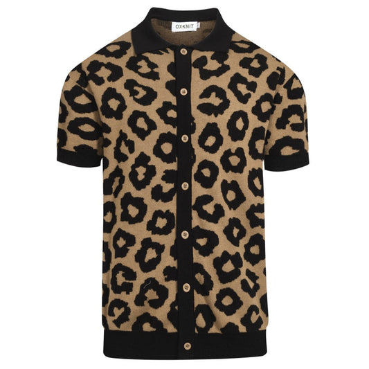 Gilet en jacquard tricoté vintage à imprimé léopard marron pour hommes