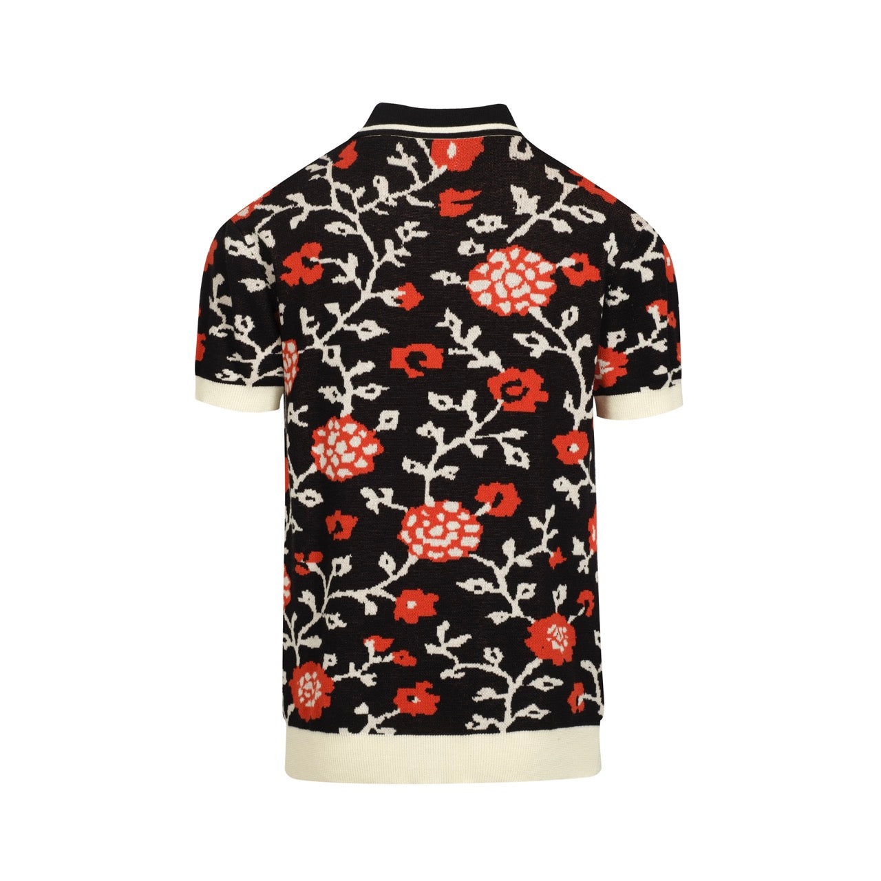 Polo tricoté rétro à col en V floral noir pour hommes