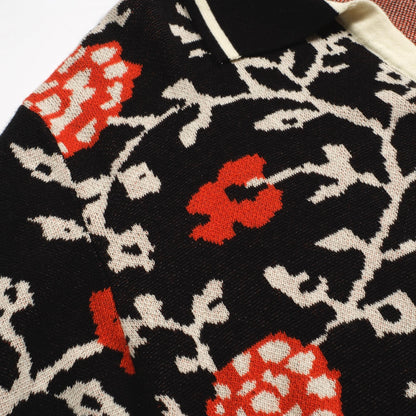 Polo tricoté rétro à col en V floral noir pour hommes