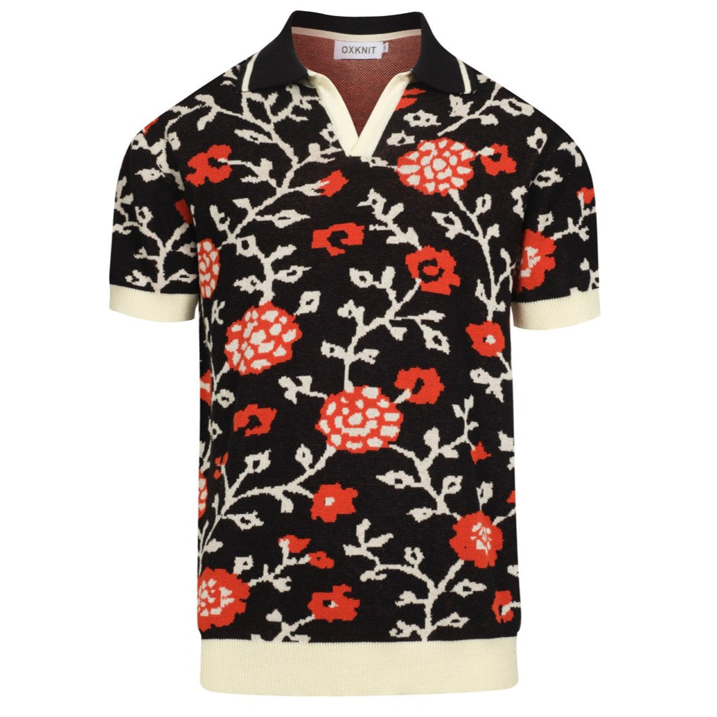 Polo tricoté rétro à col en V floral noir pour hommes