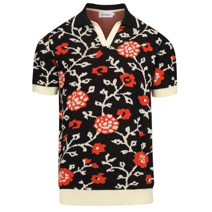 Polo tricoté rétro à col en V floral noir pour hommes