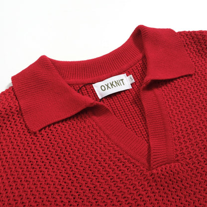 Polo tricoté décontracté rouge pour homme à col en V