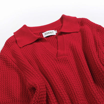 Polo tricoté décontracté rouge pour homme à col en V