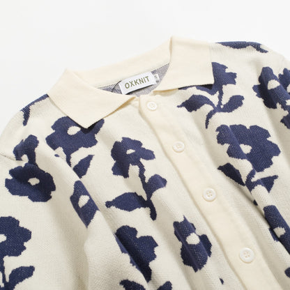 Cardigan décontracté en jacquard floral vintage blanc pour hommes