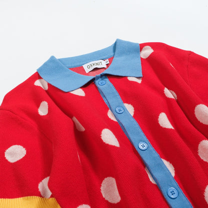 Cardigan vintage en tricot jacquard à pois rouges pour homme