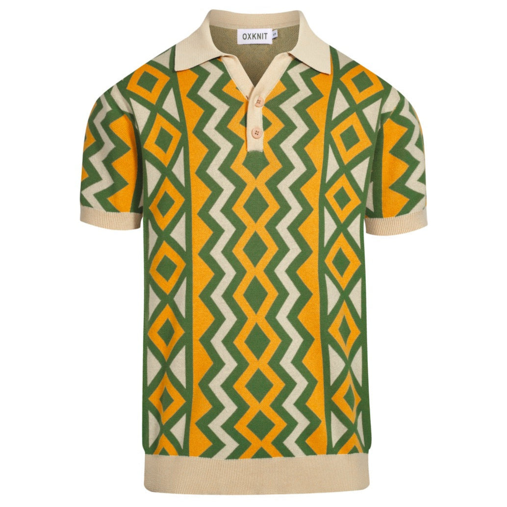 Polo tricoté vintage à col en V pour hommes en jacquard vert