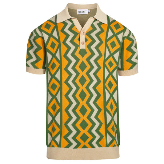 Polo tricoté vintage à col en V pour hommes en jacquard vert