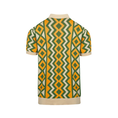 Polo tricoté vintage à col en V pour hommes en jacquard vert