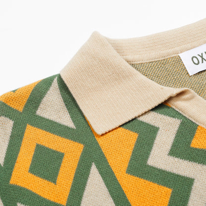 Polo tricoté vintage à col en V pour hommes en jacquard vert