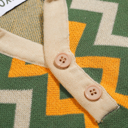 Polo tricoté vintage à col en V pour hommes en jacquard vert