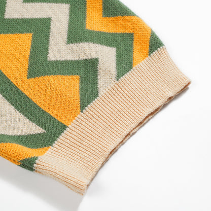 Polo tricoté vintage à col en V pour hommes en jacquard vert