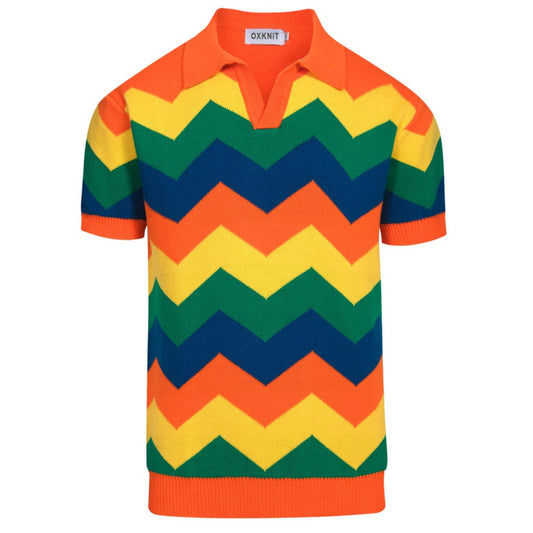 Polo tricoté vintage à col en V pour hommes orange jacquard