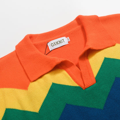 Polo tricoté vintage à col en V pour hommes orange jacquard